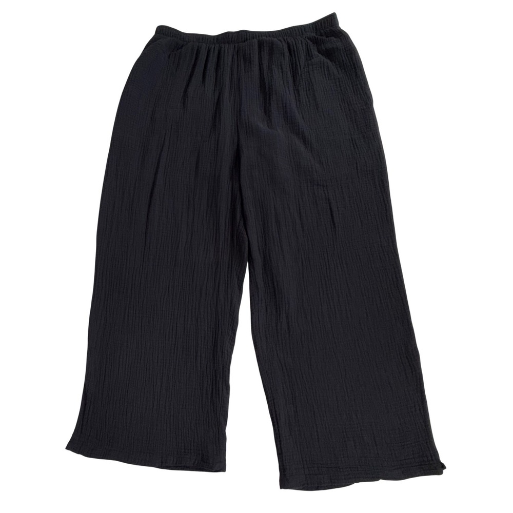 IC by Connie K Pants XXL Black Cotton Gauze Wide Leg Cropped Slits Elastic Waist
